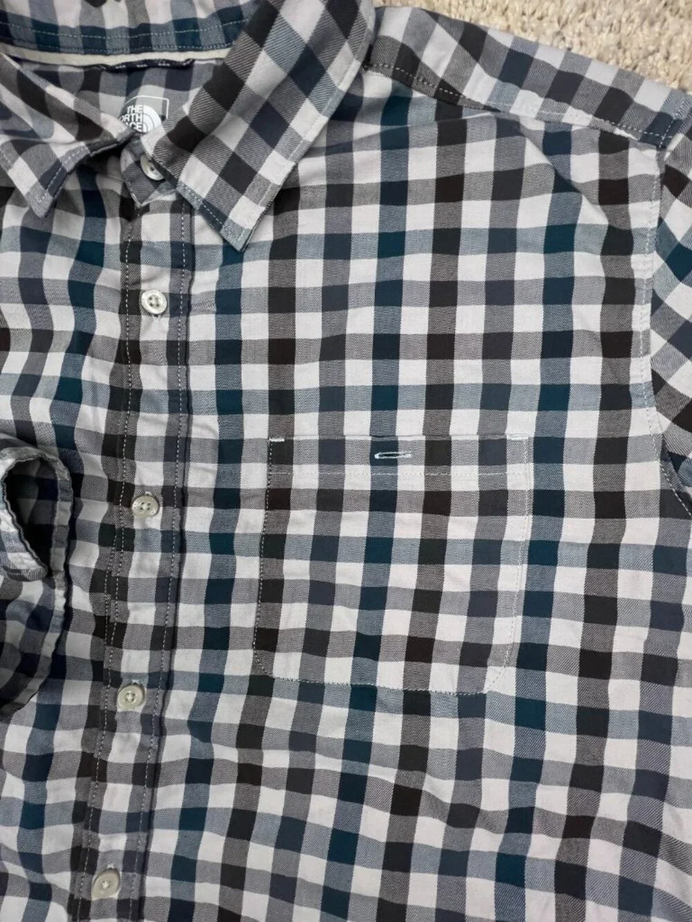The North Face Button Up Shirt Men 2XL Gray Check Cotton Long Sleeve Lightweight